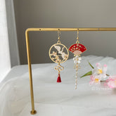 Crane and Fan Earrings with Cherry Blossom - Red Japanese Asymmetrical Fan unique earrings Dangle - Oriental earrings